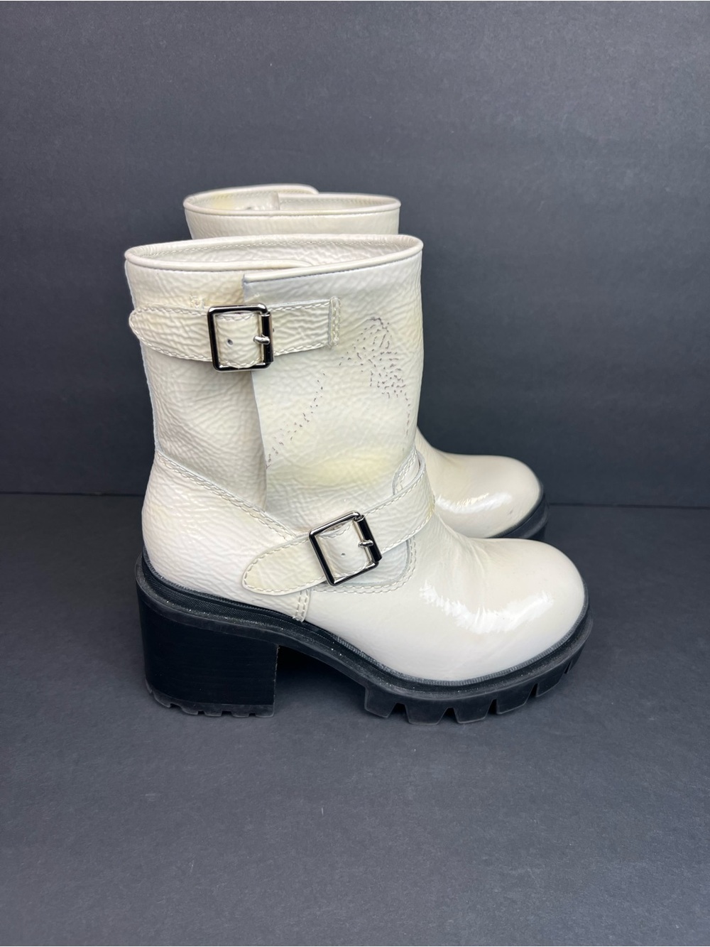 Jeffrey Campbell white Leather Biker Boots Biker Leather Size 7.5M Little Stain
